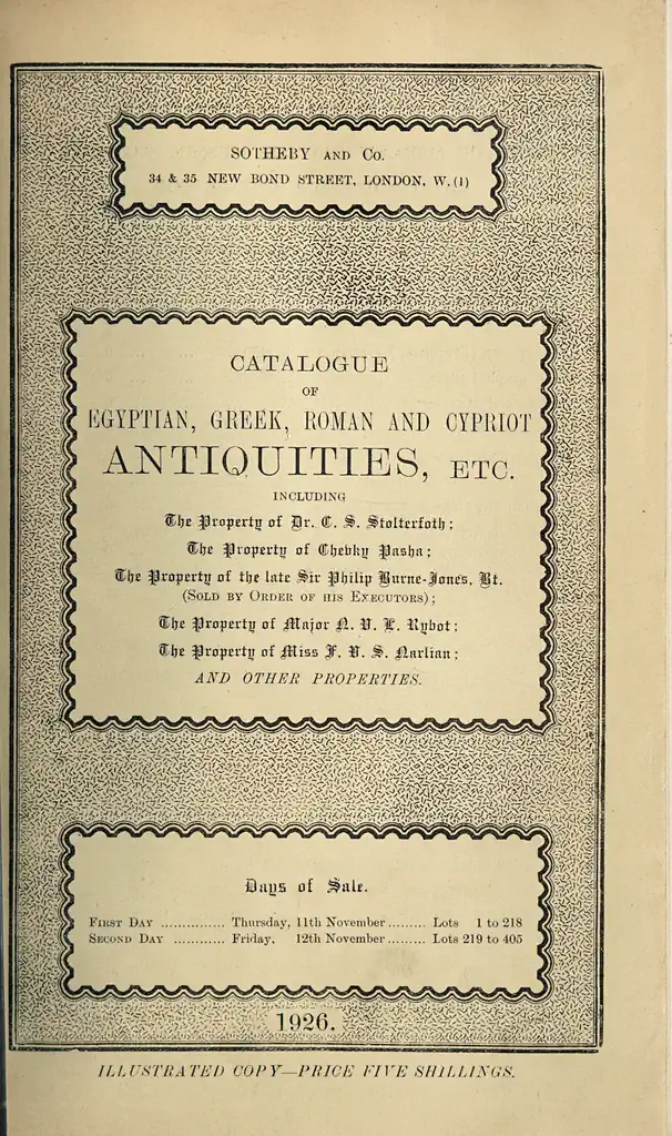 The front wrapper of the Sotheby & Co. sale catalogue “Catalogue of Egyptian, Greek, Roman and Cypriot Antiquities, &c”, 11 November 1926 and 12 November 1926.