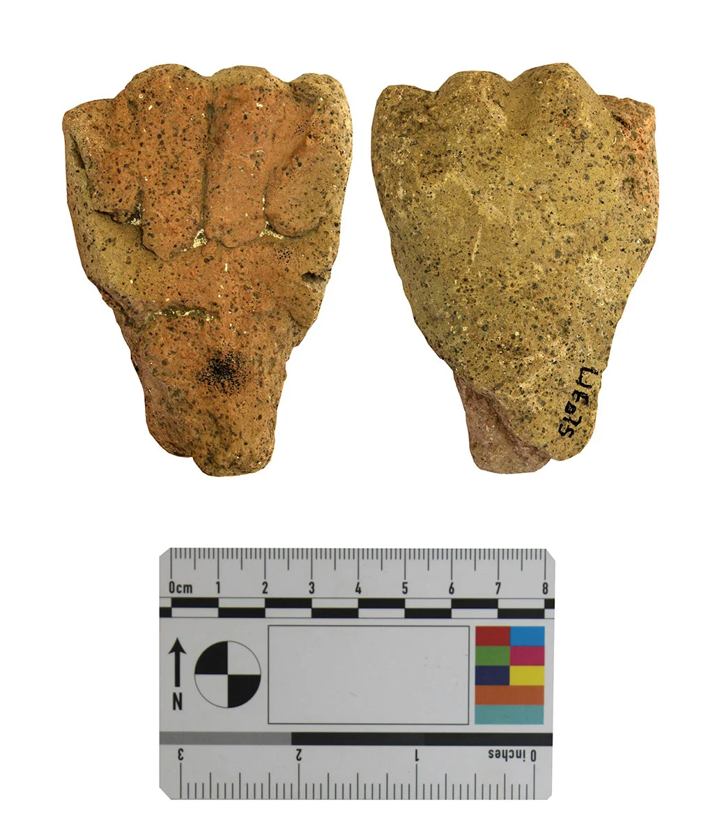 Front and back of a small orange-buff clay fragment with raised ridges on one face above a scale card
