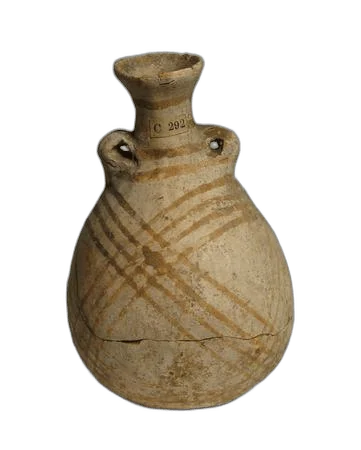 Small hand-made bottle with a flaring neck and two pierced lugs, painted with crossing groups of brown oblique lines on a pale surface