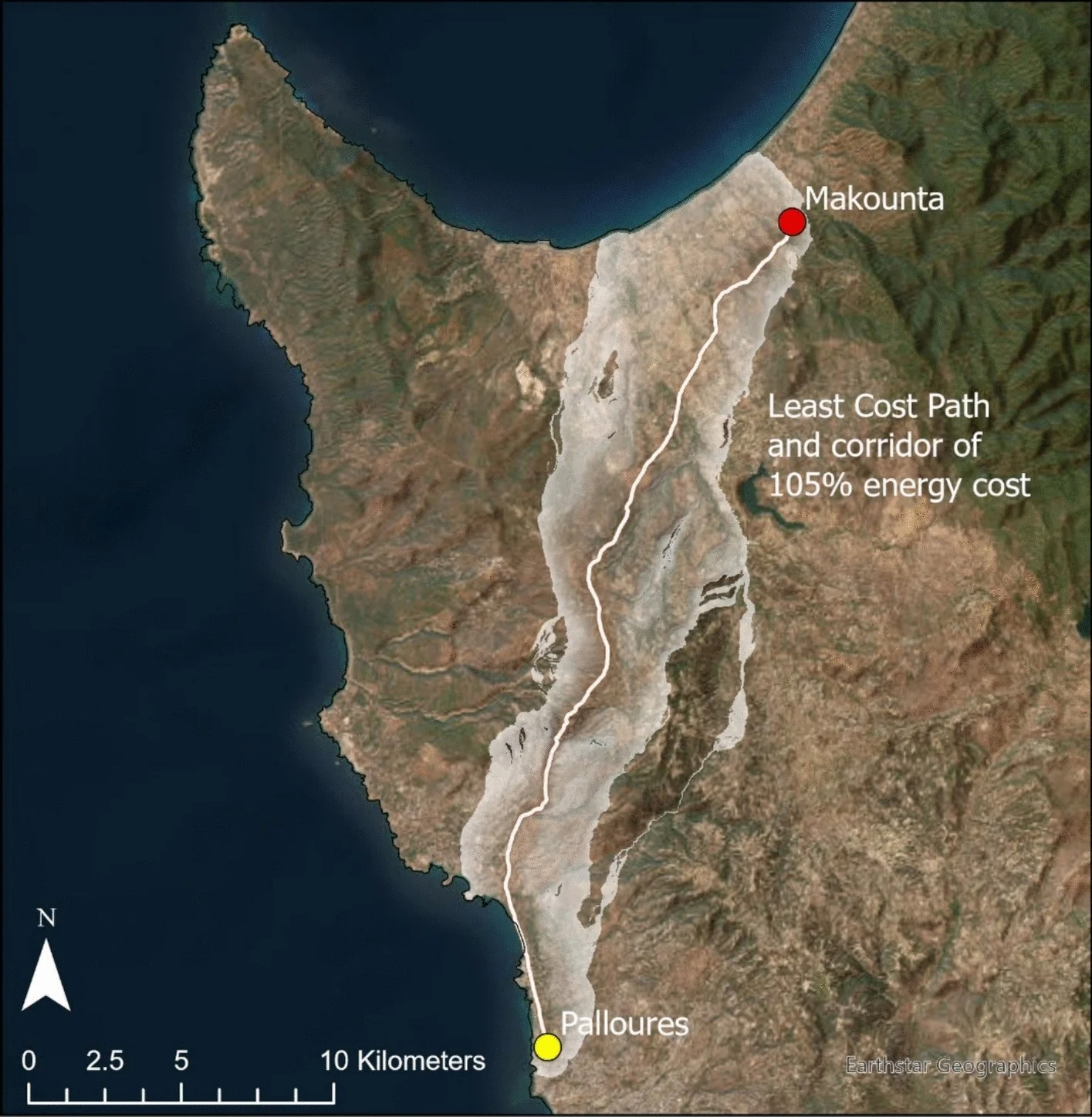 Satellite view of the Akamas peninsula with a pale shaded band running from Palloures on the south-west coast to Makounta on the north coast, a white line along its centre