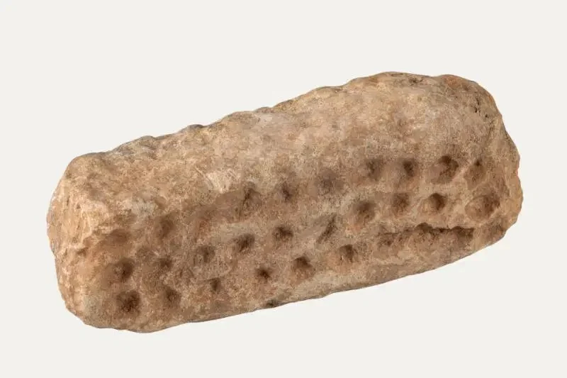 An oblong pale limestone block with three rows of small round hollows pecked into its upper face