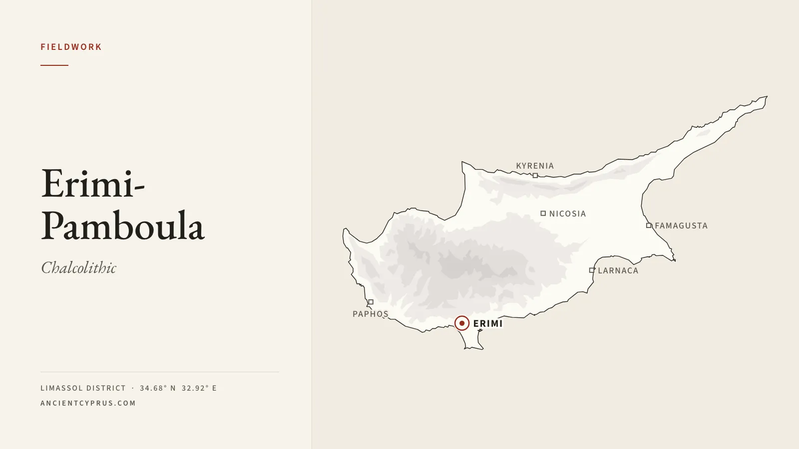 Locator map of Cyprus with a marker on Erimi-Pamboula, near the south coast west of Limassol