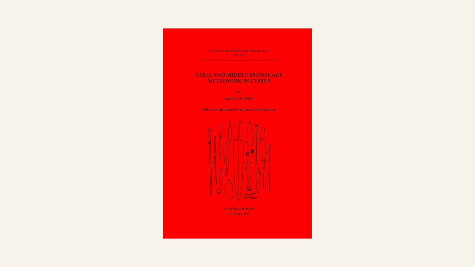 Red book cover with the title Early and Middle Bronze Age Metalwork in Cyprus and line drawings of copper daggers, pins and small tools, set on a pale mat