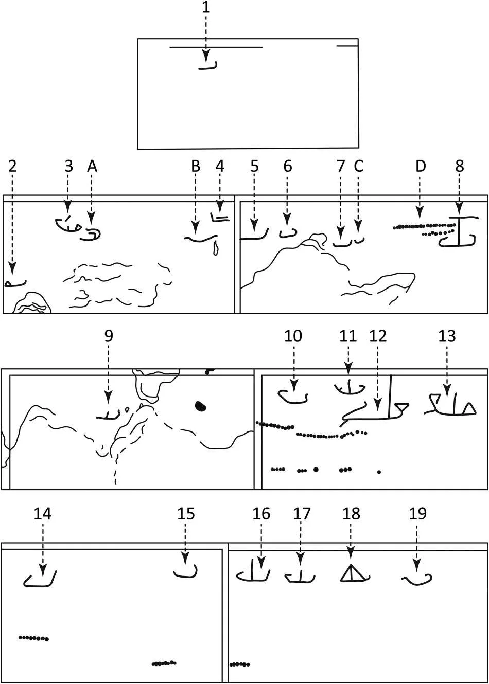 Line drawing of the Temple 1 façade blocks in four rows, with small ship outlines numbered 1 to 19, four marks lettered A to D and rows of dots