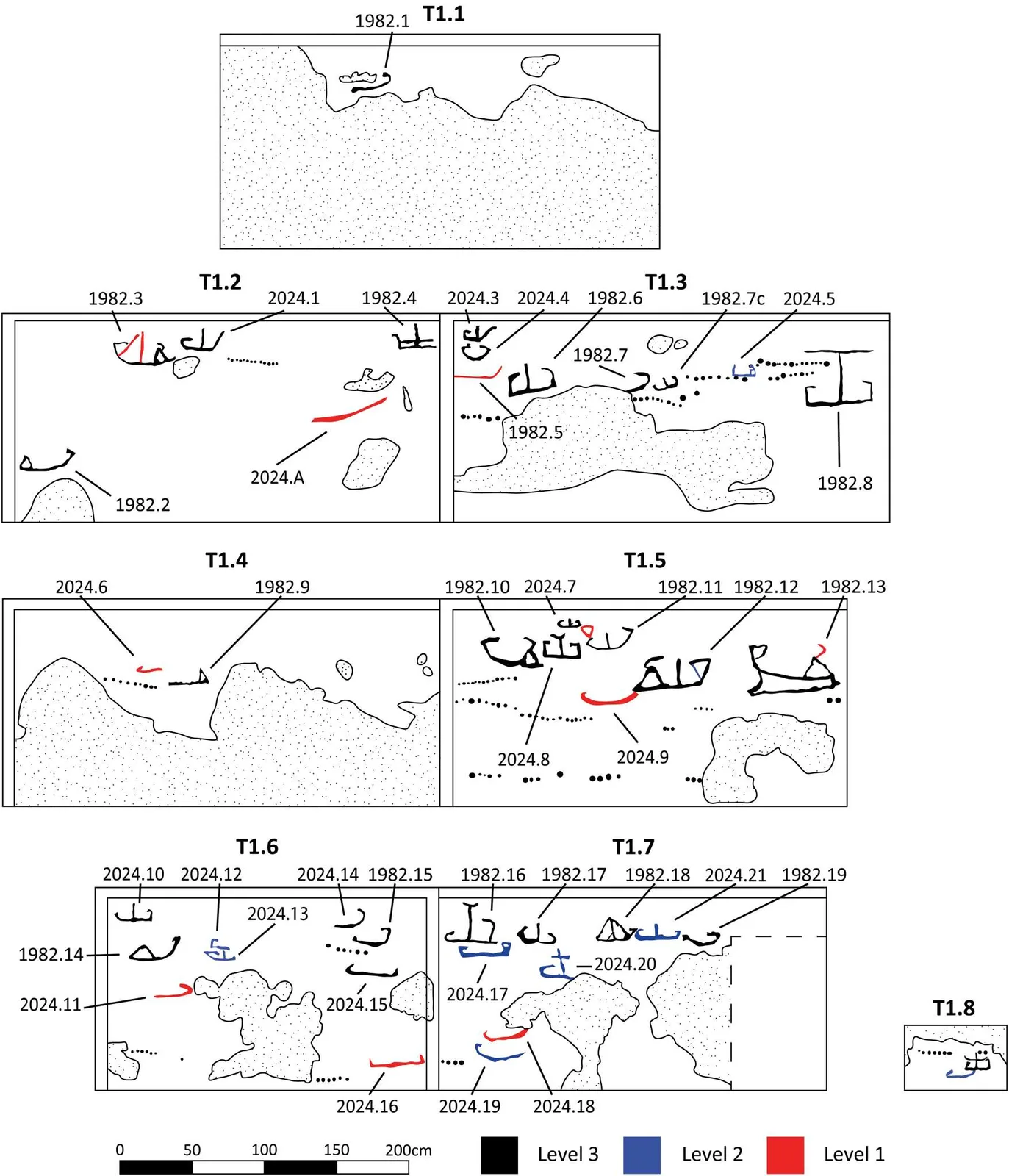 Line drawing of the Temple 1 façade blocks T1.1 to T1.8 with every ship outline numbered and coloured black, blue or red, rows of dots, and stippled patches of damage