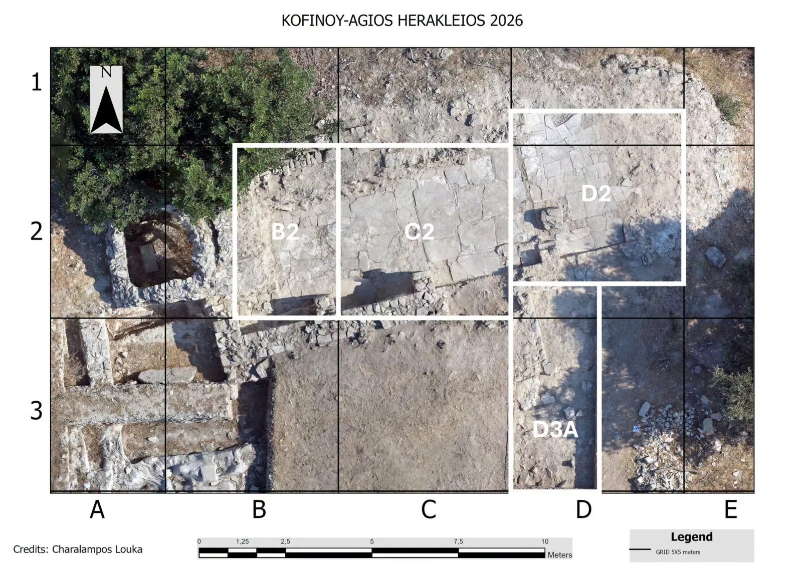 Aerial photograph on a 5 by 5 metre grid of an excavated church floor of large pale stone slabs, with trenches B2, C2, D2 and D3A outlined in white, a north arrow and a 10-metre scale bar