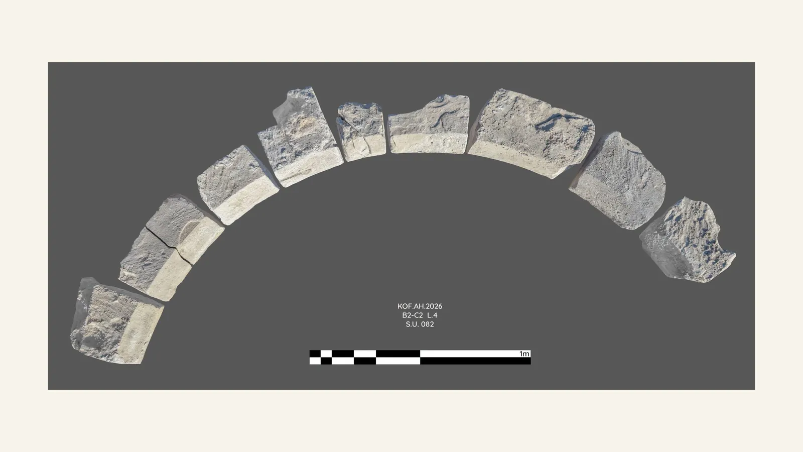 Ten curve-cut limestone blocks laid out in an arc on a grey background above a one-metre scale bar, labelled KOF.AH.2026 B2-C2
