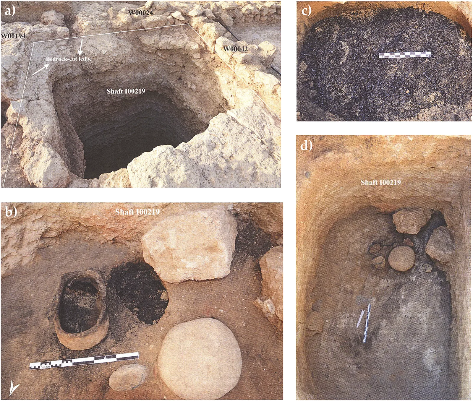 Four excavation photographs: a square rock-cut shaft seen from above; an upturned dark bowl and a round stone in ash at its base; a close view of black charred material with a scale bar; the bare rock floor of the shaft