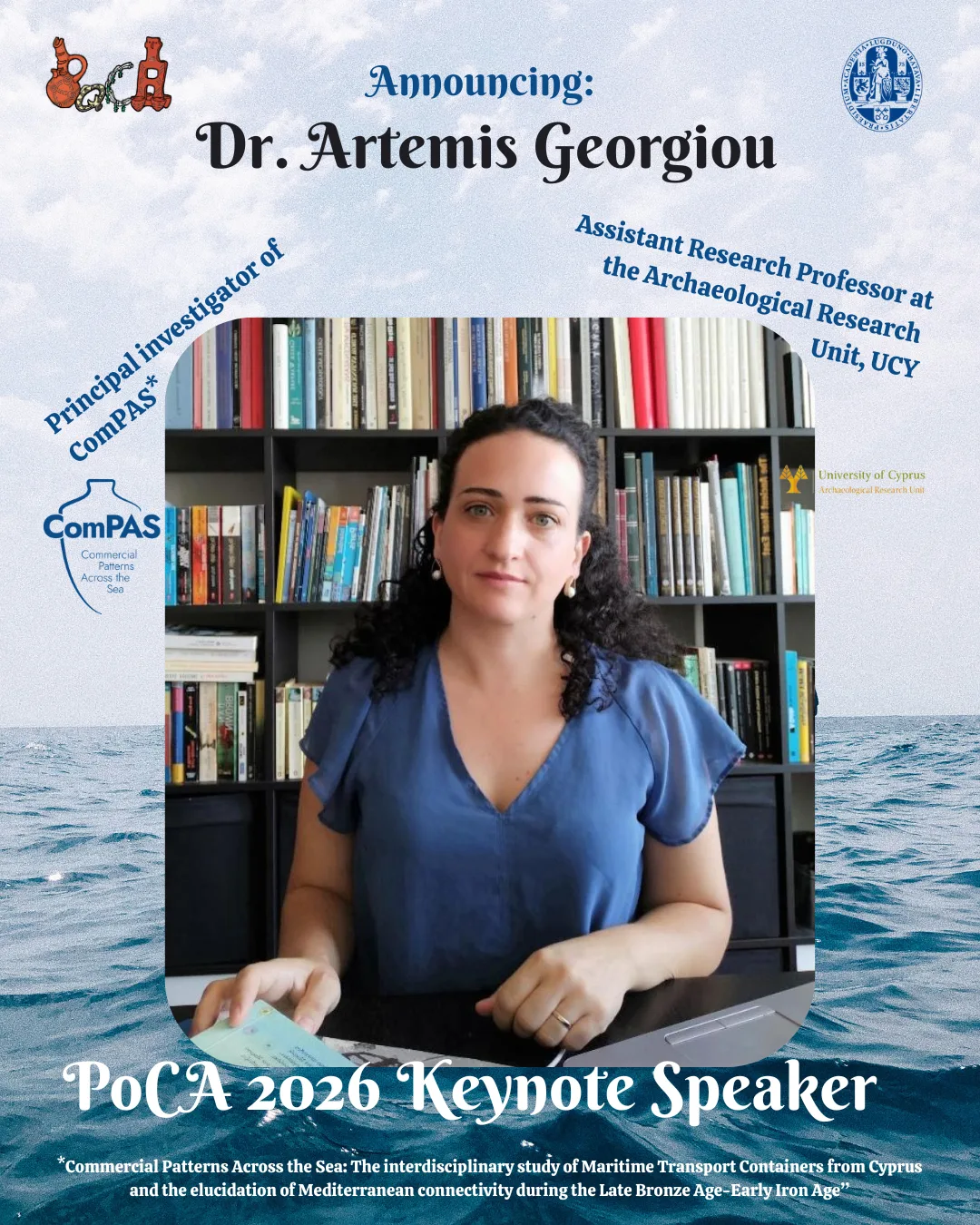Poster with a photograph of a woman with dark curly hair in a blue blouse seated at a desk in front of bookshelves, framed by sea and sky, with the words PoCA 2026 Keynote Speaker
