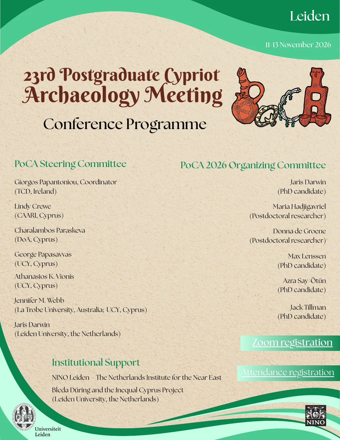 Cover of a conference programme on a cream background with green waves, the title 23rd Postgraduate Cypriot Archaeology Meeting, a logo made of red Cypriot pots spelling PoCA, and lists of the steering and organising committees
