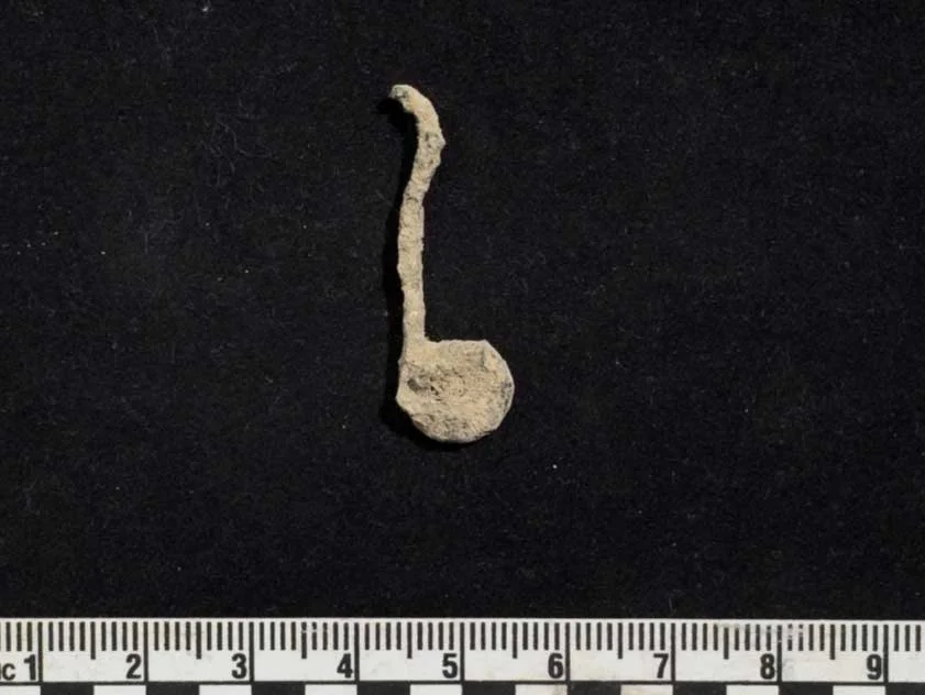 A small corroded metal object a few centimetres long, a thin bent shank ending in a flat round disc, on black cloth beside a centimetre scale