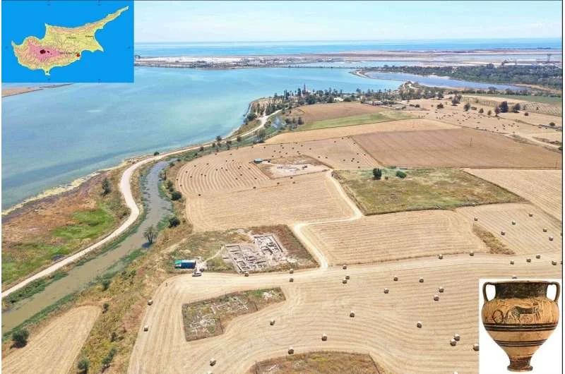Aerial view of harvested fields with rectangular excavation trenches, a coastal road and a lagoon on the left, the sea on the horizon, with an inset map of Cyprus and an inset photo of a painted two-handled jar