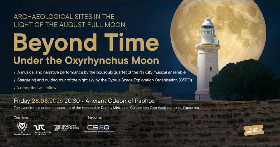 Event poster with a white lighthouse against a large full moon above the stone seats of an ancient odeon, with gold lettering reading Beyond Time, Under the Oxyrhynchus Moon, Friday 28.08.2026, 20:30, Ancient Odeon of Paphos