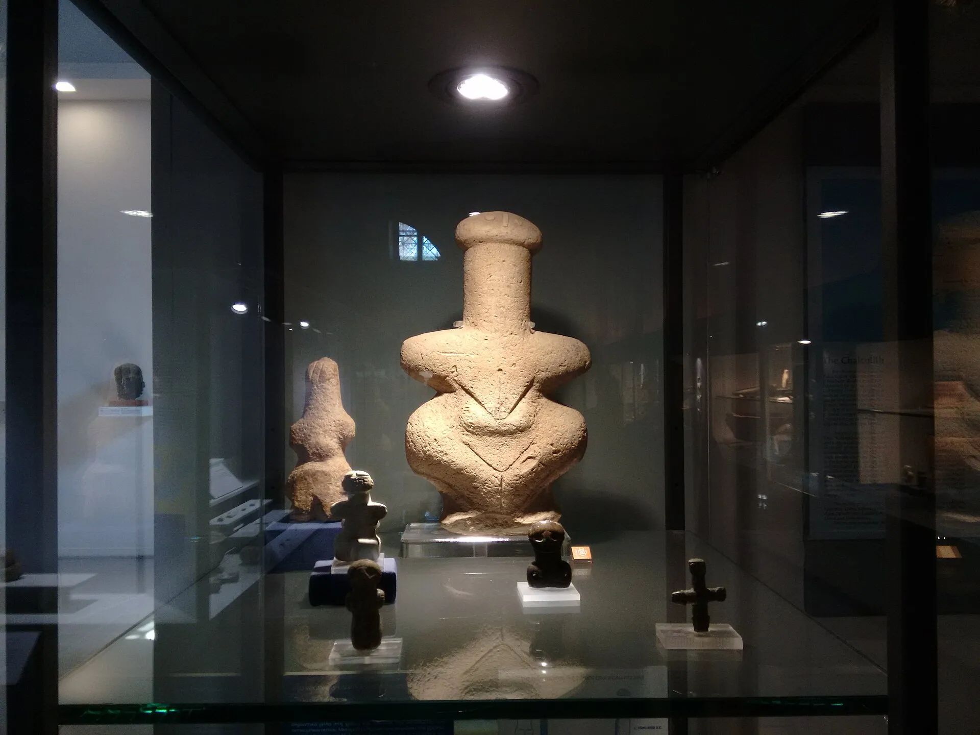 A lit glass display case in a dark gallery holding several stone figurines on low stands, the largest a rounded figure with a long neck and incised marks, and a small cross-shaped figure in front