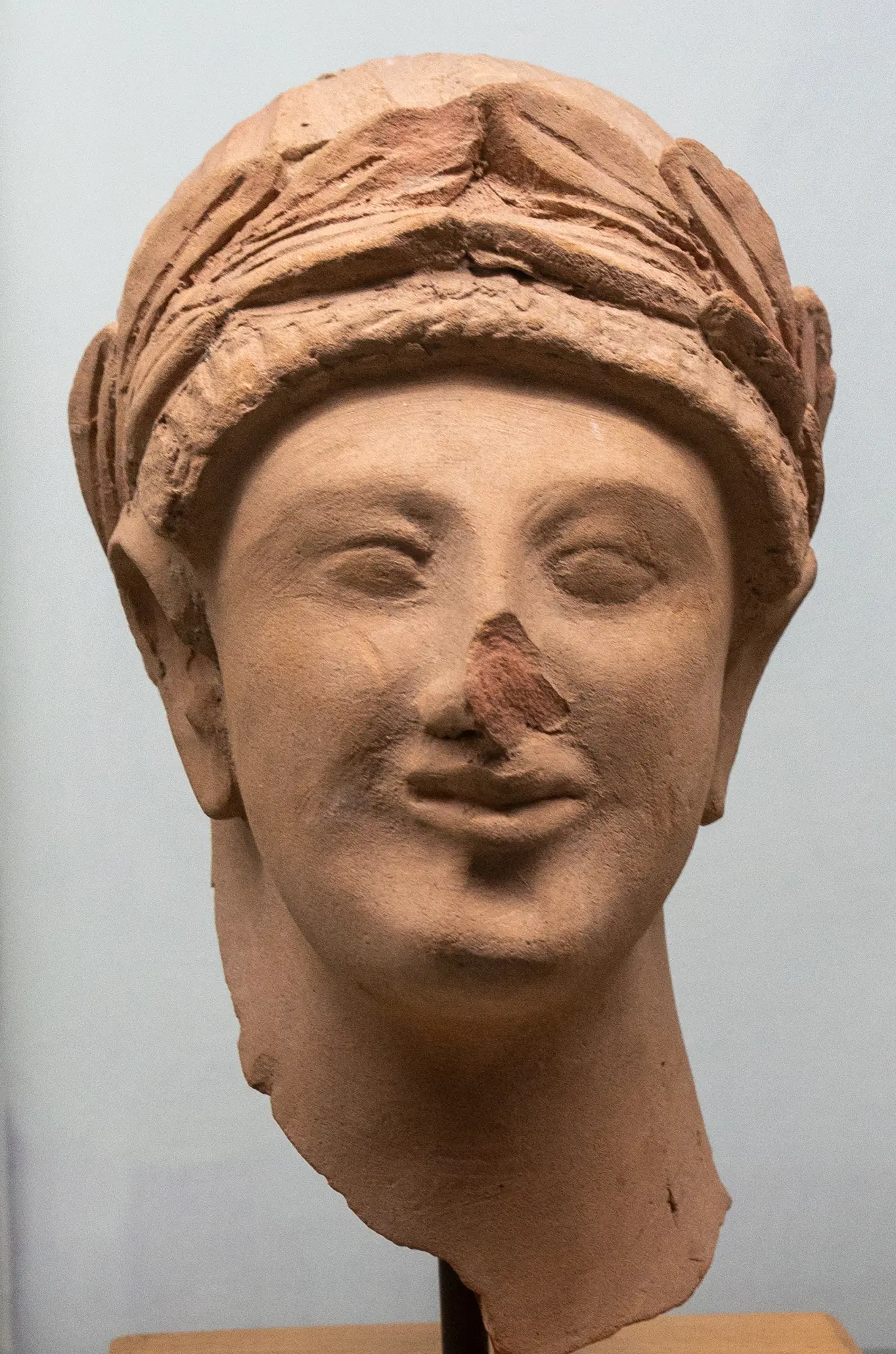 Terracotta Head with Wreath, Archaic I Cypriot statue