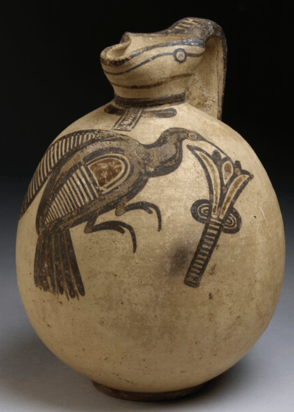 Squat bichrome jug in free-field style with image of bird picking a lotus flower