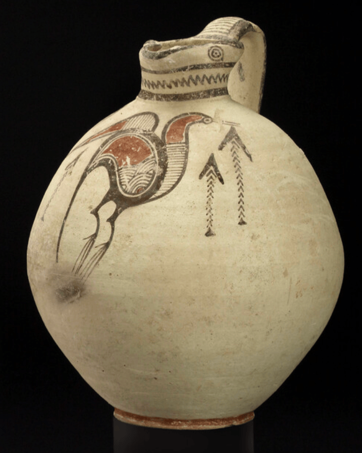 Free-field bichrome jug with image of an Ibis bird and reeds