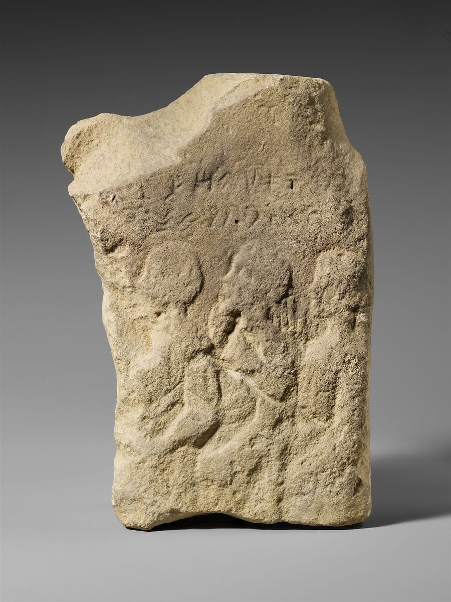 Limestone votive relief of three men, Hellenistic Cypriot statue