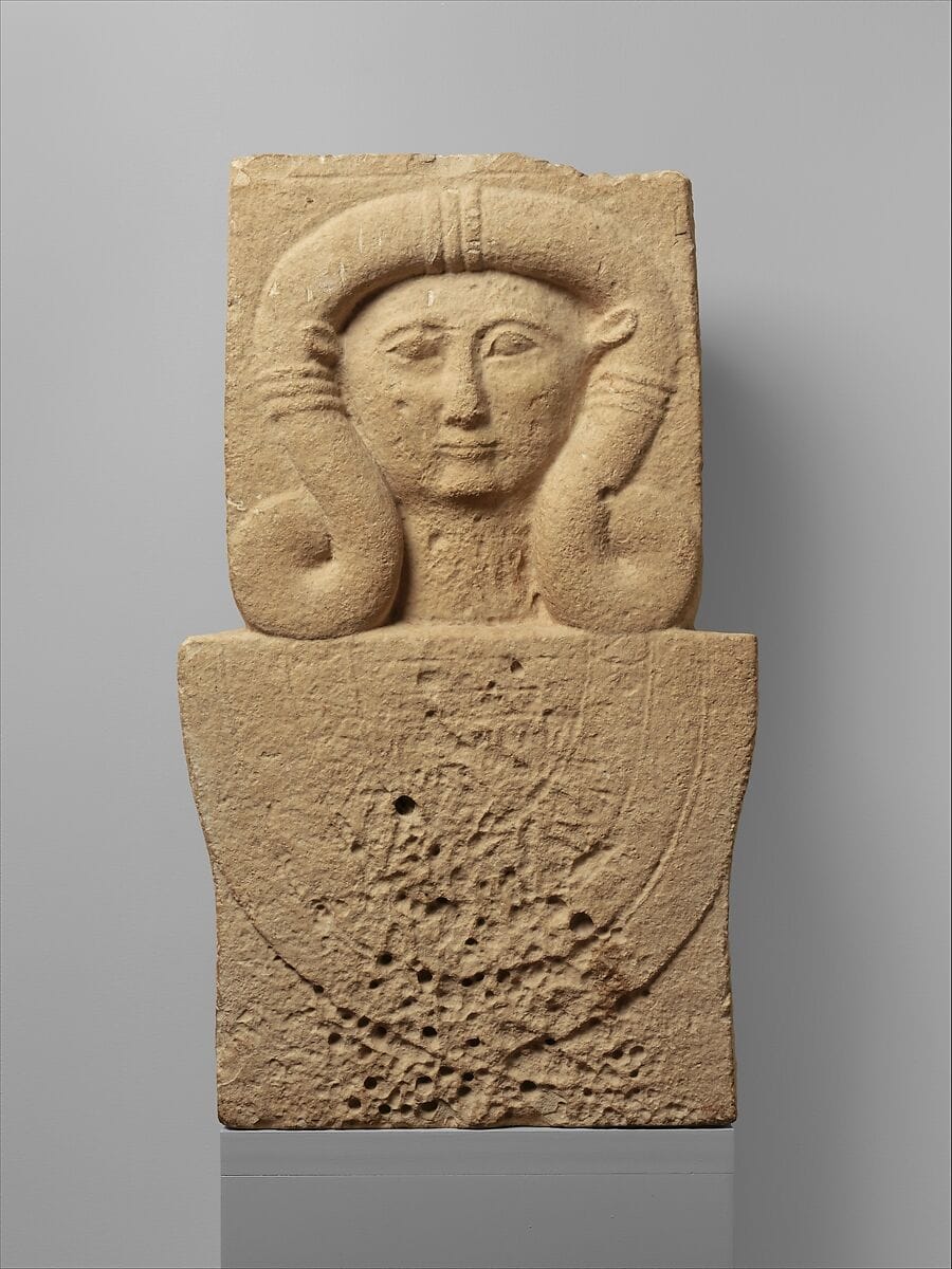 Limestone stele (shaft) with the head of Hathor, Archaic II Cypriot statue
