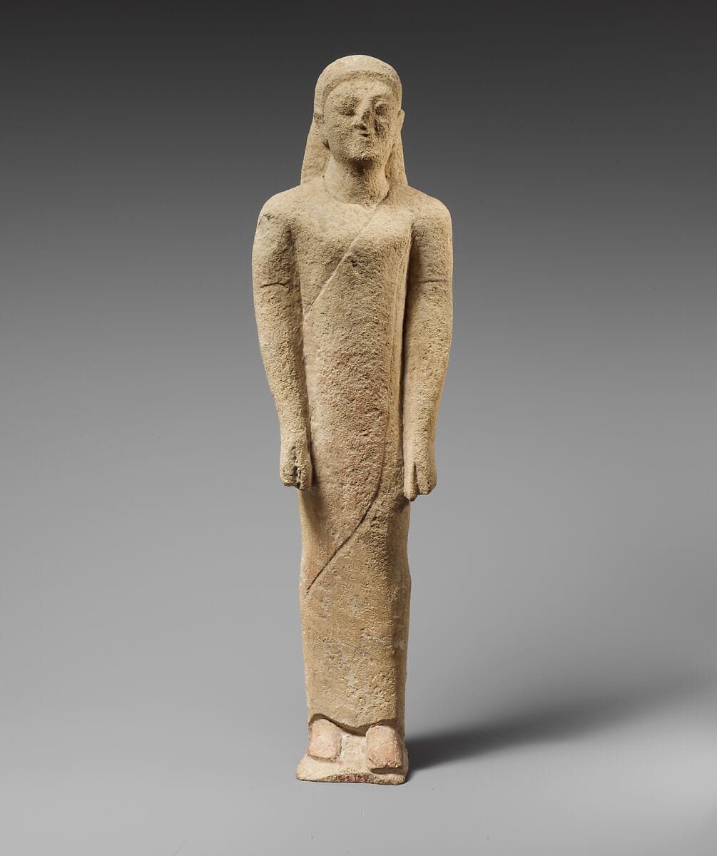 Limestone statuette of a beardless male votary in Greek dress, Archaic II Cypriot