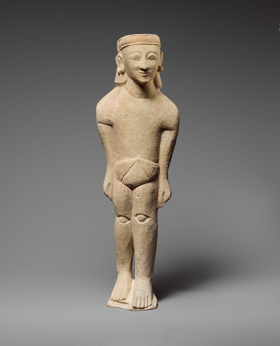 Limestone statuette of a male votary with Cypriot shorts and a diadem, Archaic II Cypriot