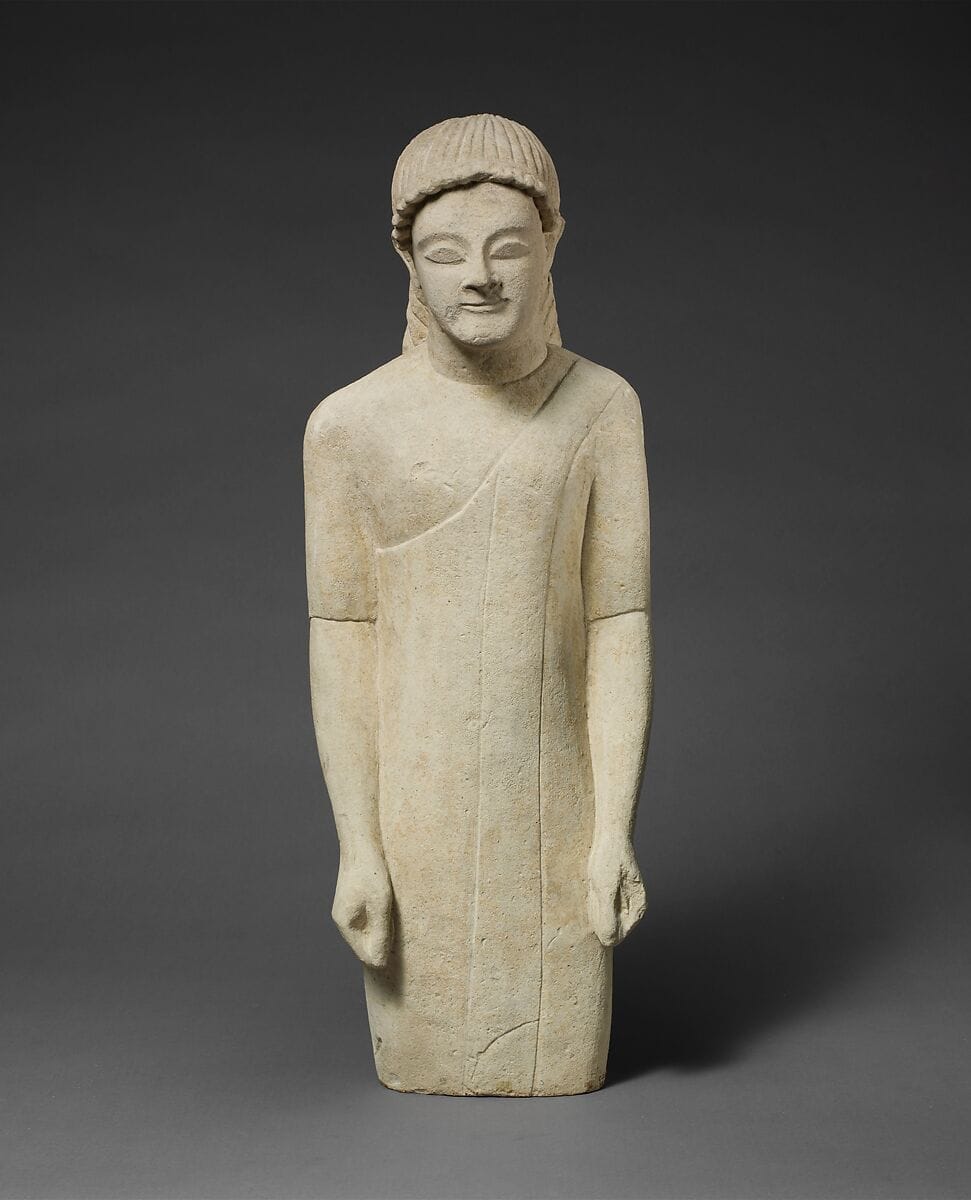 Limestone statuette of a beardless male votary in Greek dress, Archaic II Cypriot