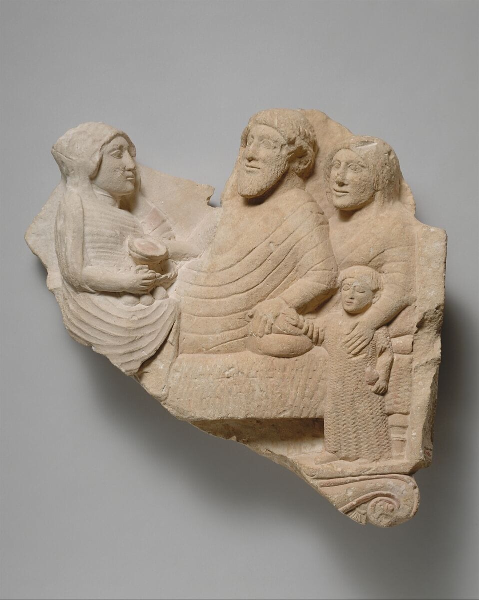 Fragment of a limestone grave relief with a banquet scene, Classical Cypriot