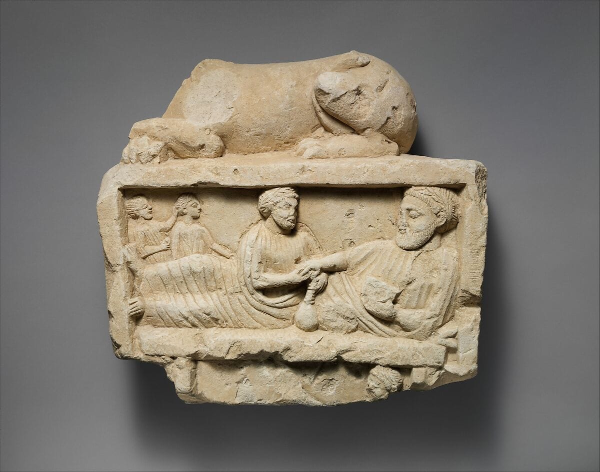 Limestone finial of a funerary stele with a recumbent lion and a banquet scene, Classical Cypriot statue