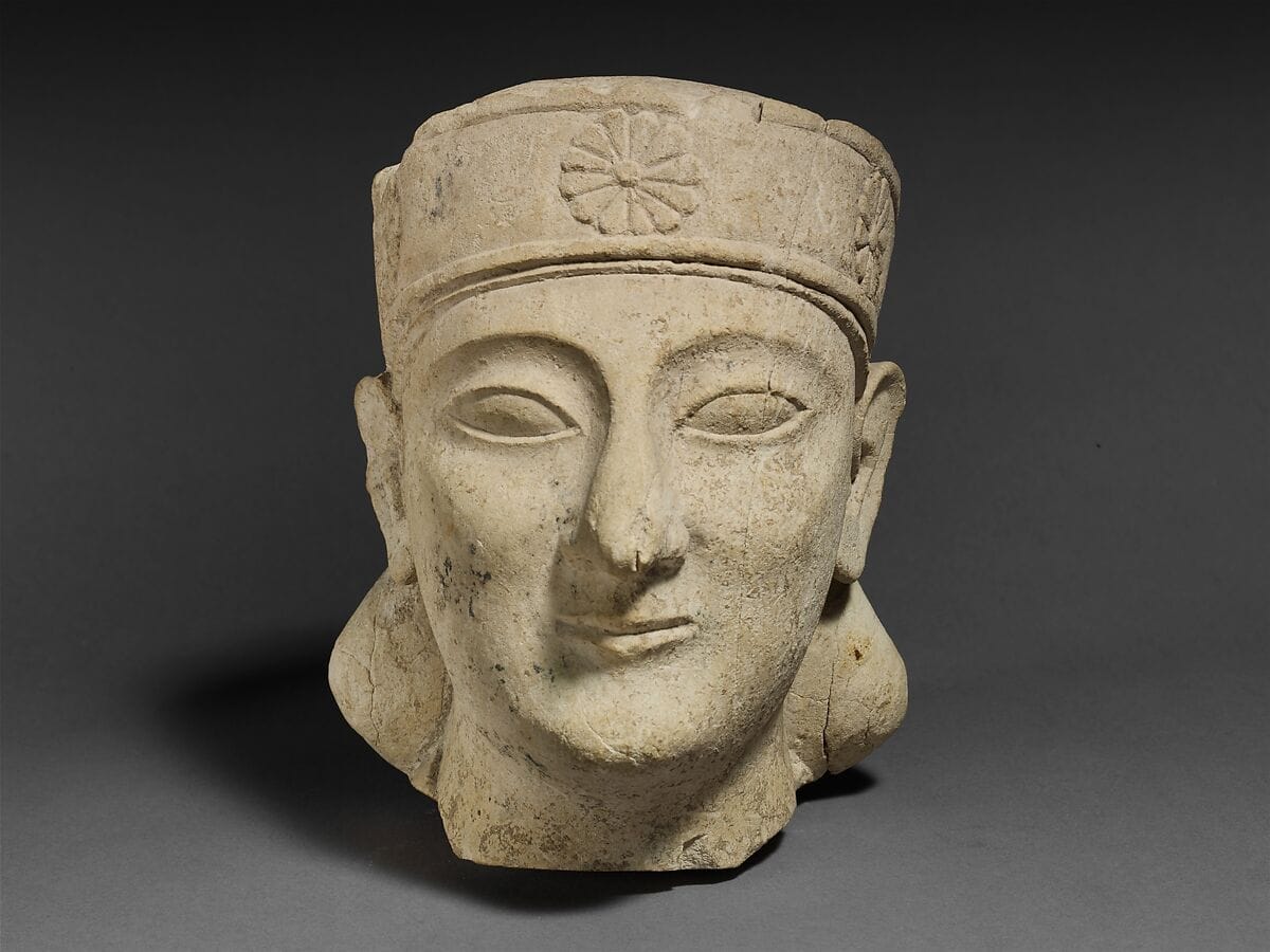 Limestone head of a beardless male with a diadem, Archaic II Cypriot statue