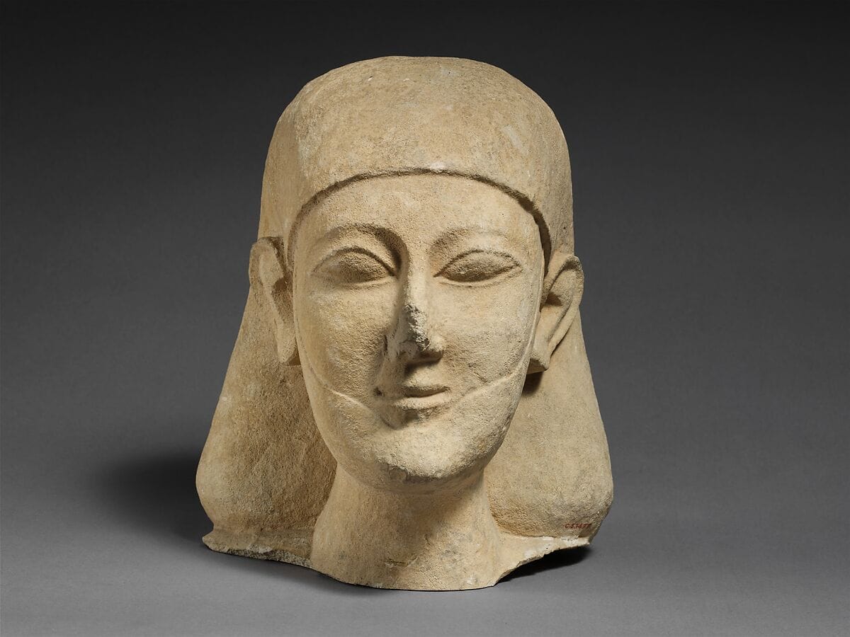 Limestone head of a bearded male with a plain headdress, Archaic II Cypriot statue