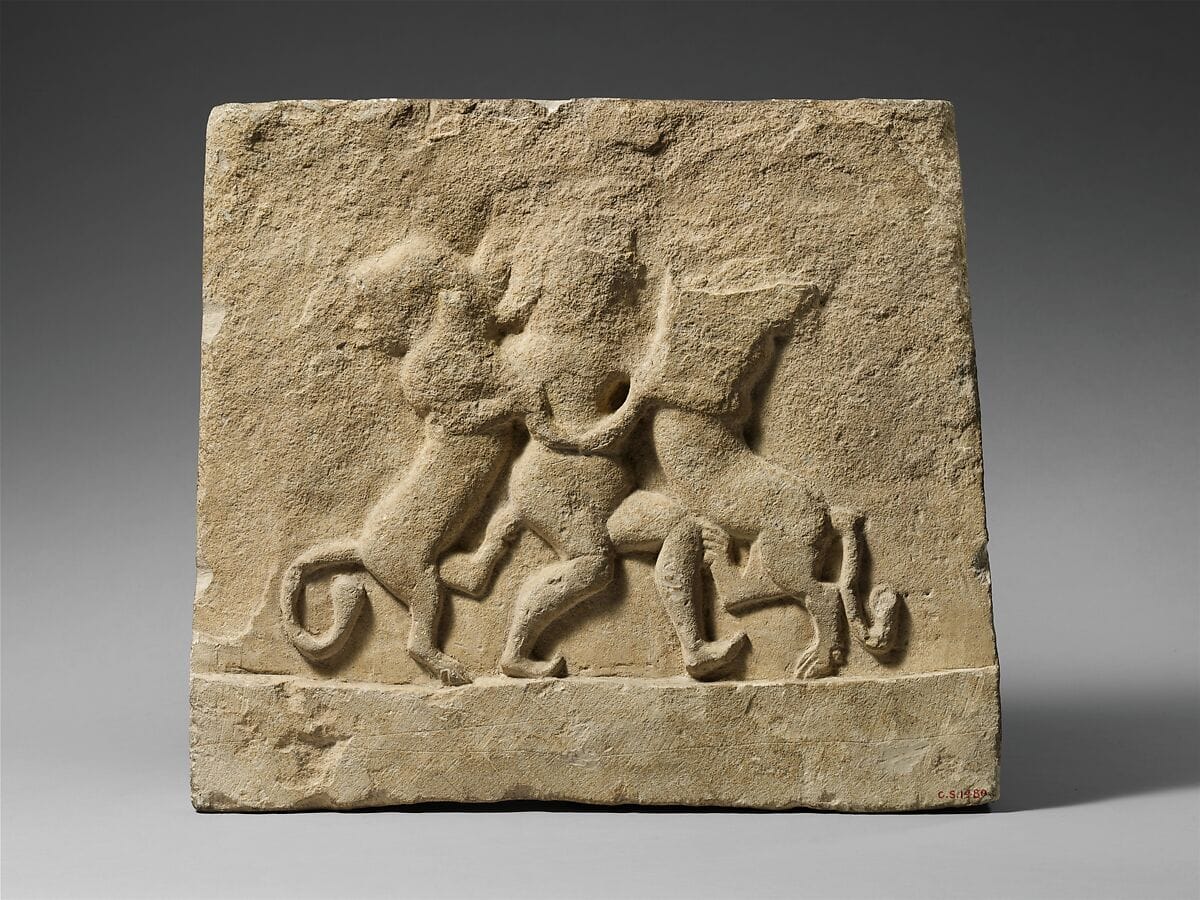Limestone votive relief with a “master of lions”, Archaic II Cypriot statue