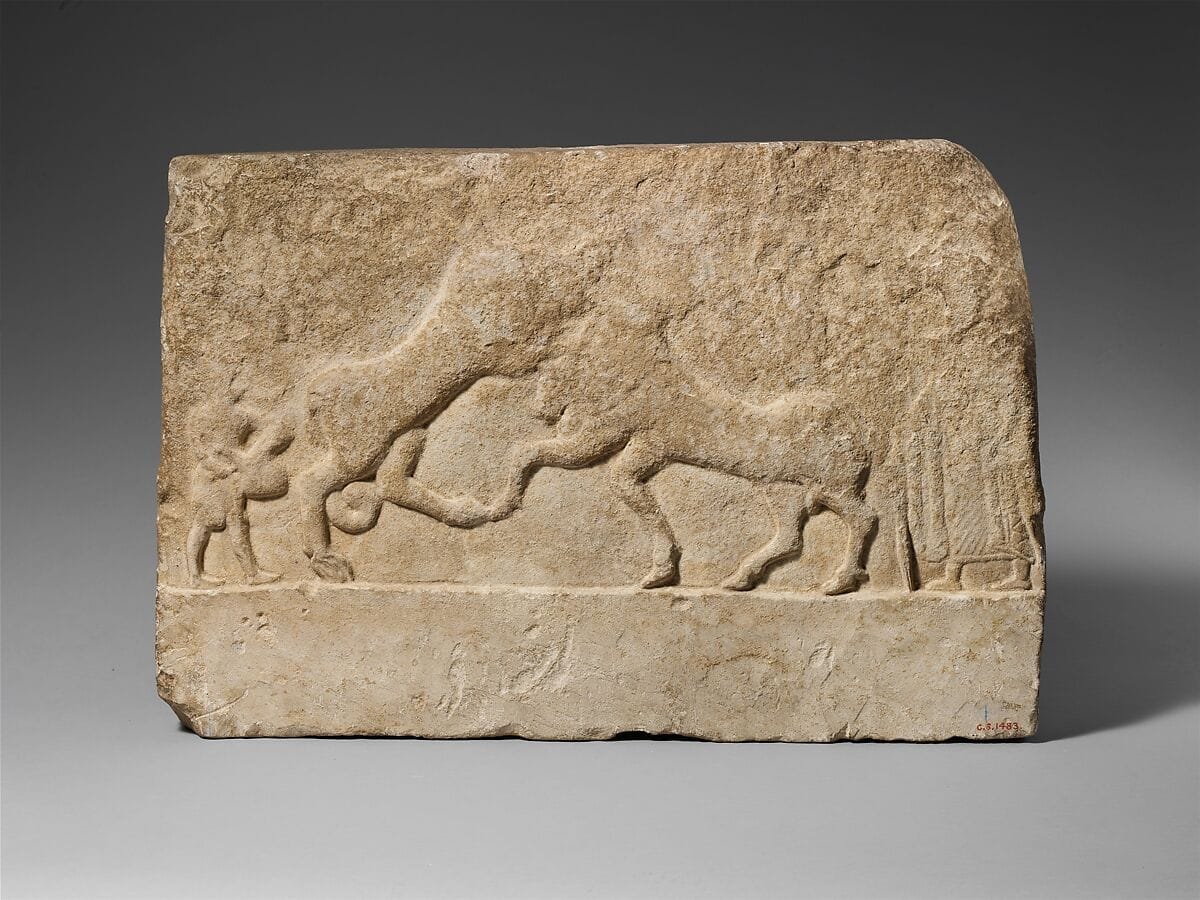 Limestone votive relief with a lion killing a bull and two human figures, Archaic II Cypriot