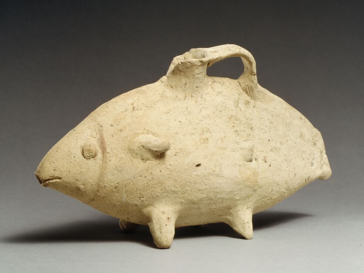 Terracotta askos (vessel) in the form of a fish, Late Bronze Age III Cypriot complex vessel