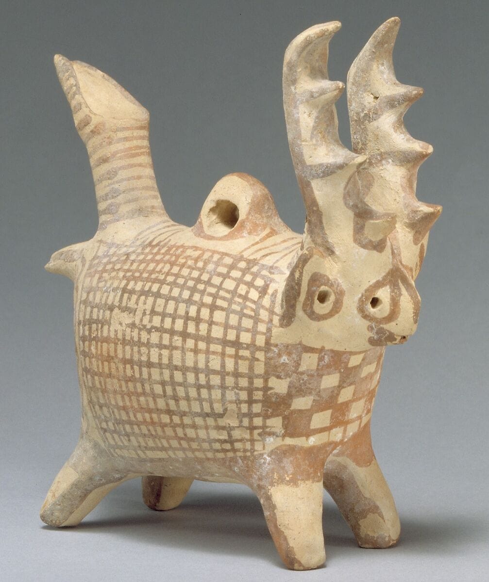 Terracotta zoomorphic askos (vessel) with antlers, Middle Bronze Age III Cypriot complex vessel