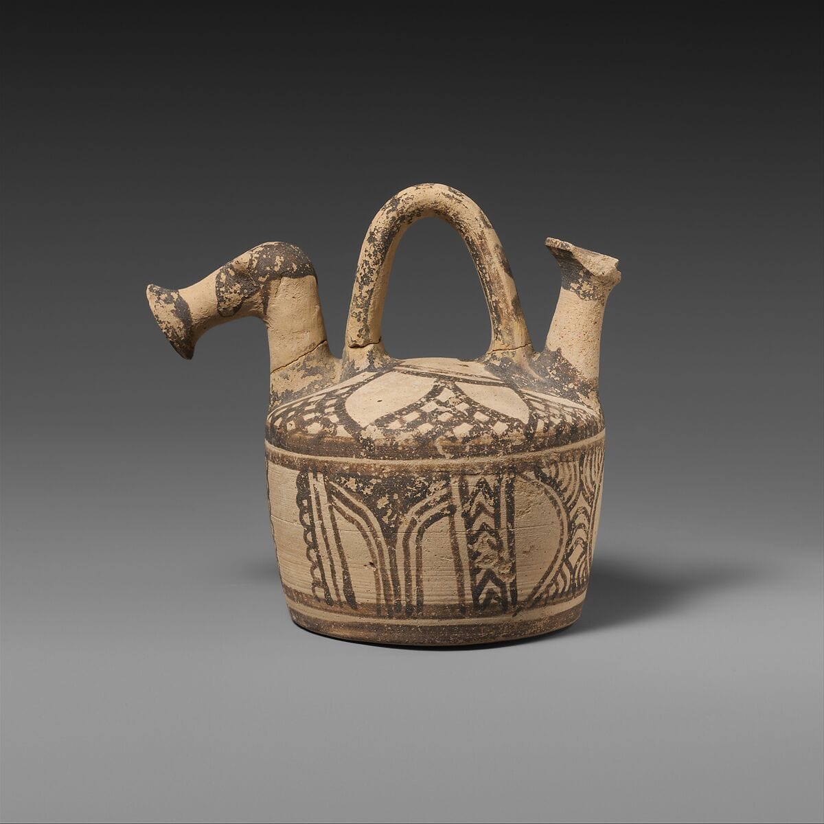 Terracotta askos (flask with spout and handle over the top), Late Bronze Age III Cypriot