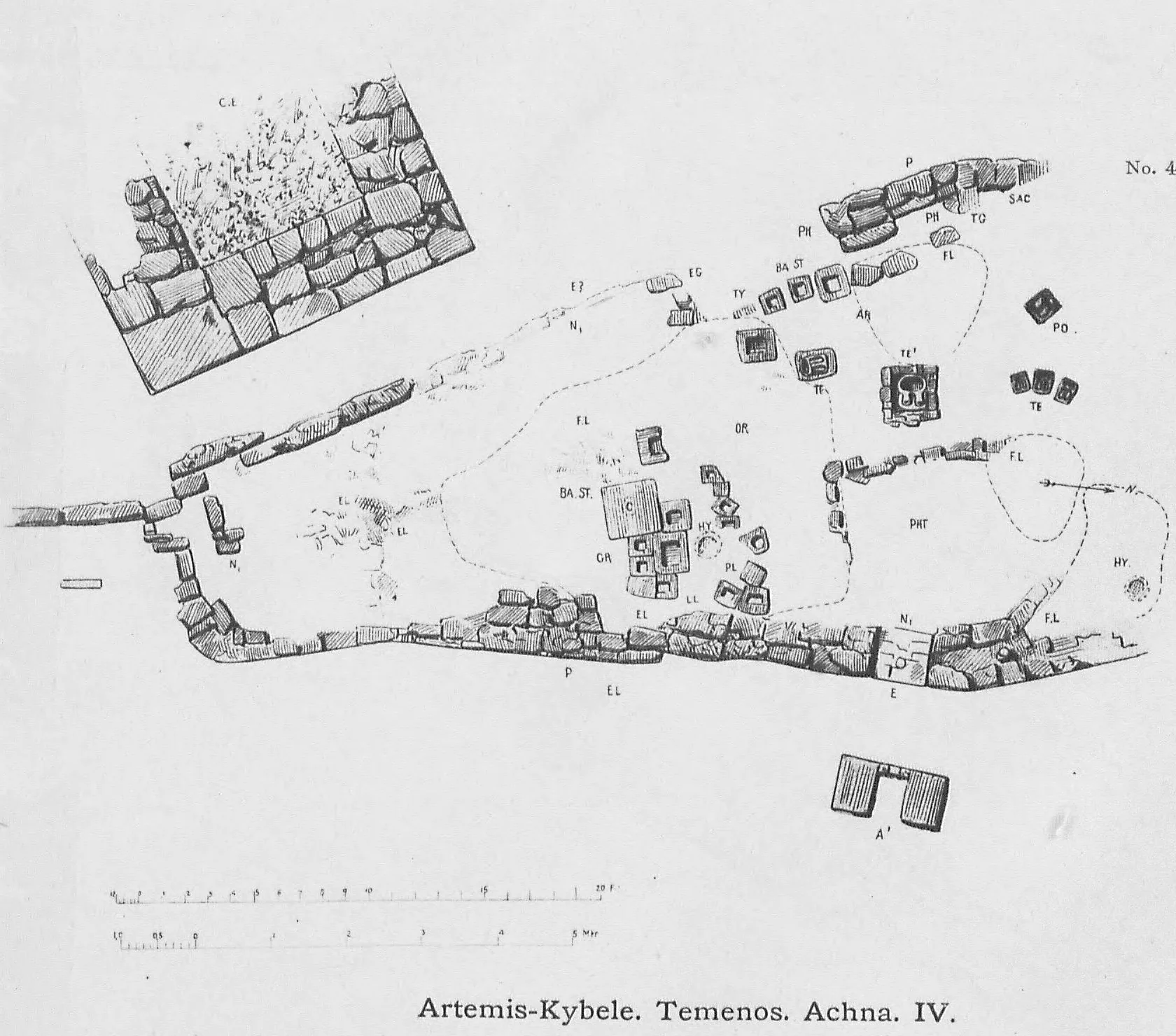 A nineteenth-century engraved plan of an irregular stone-walled enclosure with square statue bases inside, dotted outlines of find areas and two scale bars