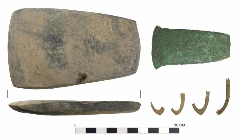 A large grey-green flat stone axe shown from the face and side, a small green corroded copper axe, and four curved pale hooks of tusk, with a 10 cm scale