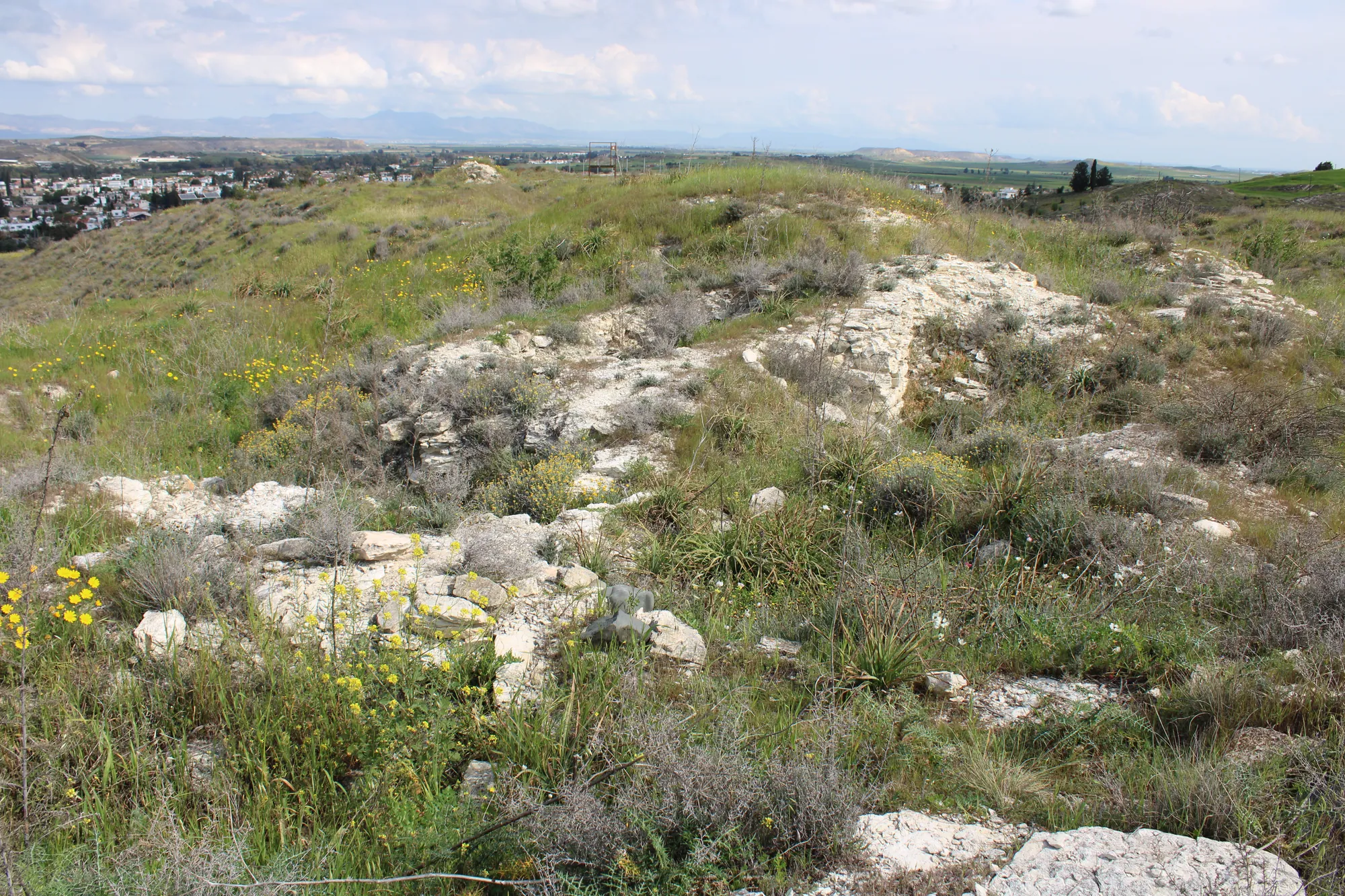 A scrubby hilltop with outcrops of pale rock and the line of a low wall, under a cloudy sky