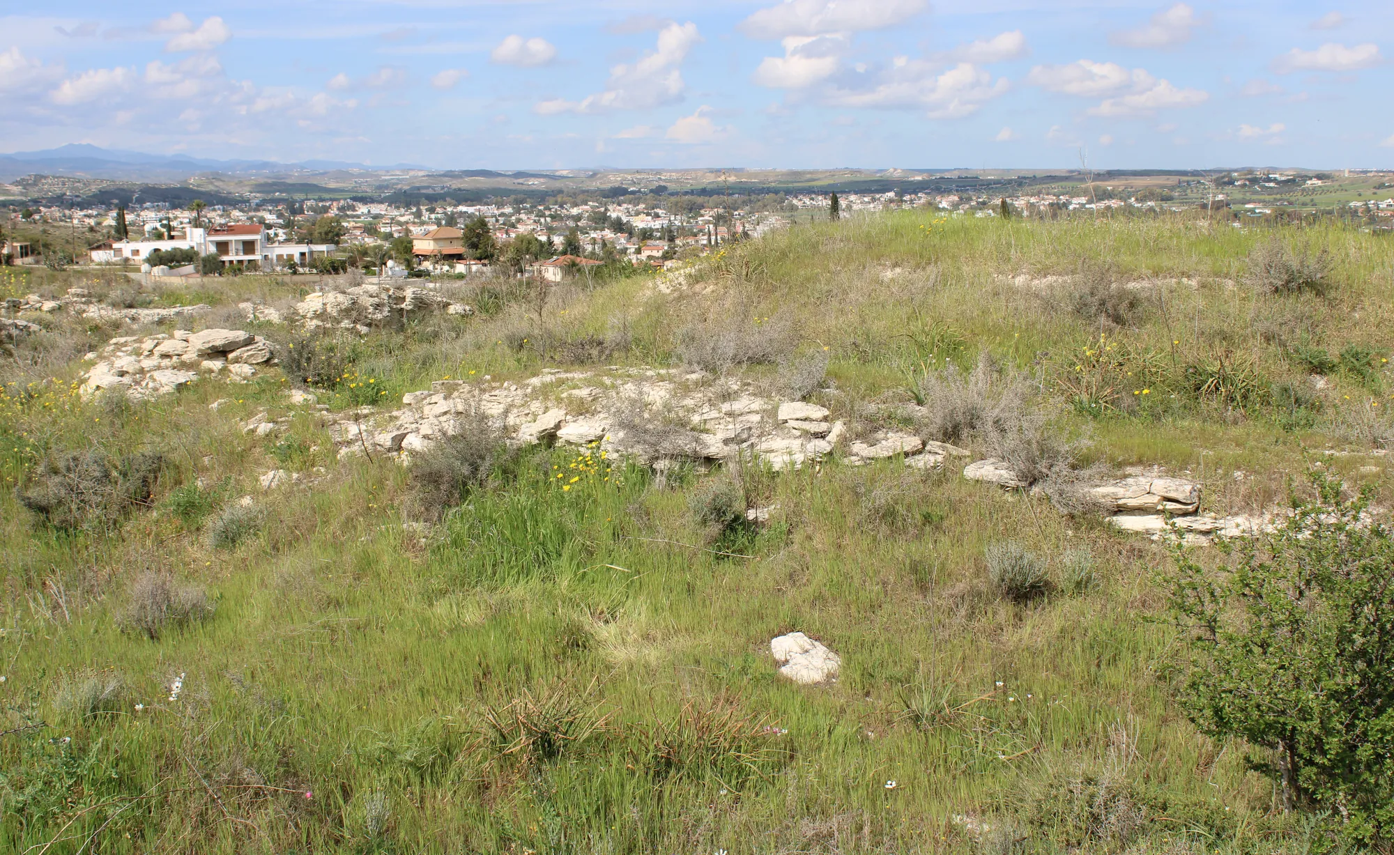 A grassy hilltop with scattered limestone and a town on the plain beyond