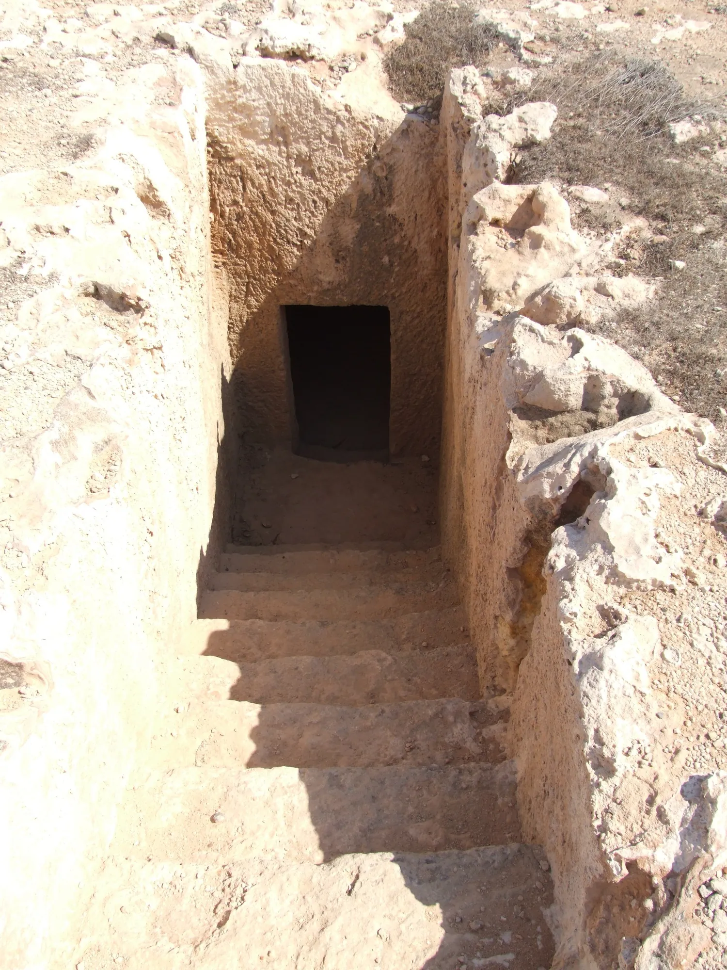 Looking down a deep, narrow rock-cut stairway to a dark rectangular doorway