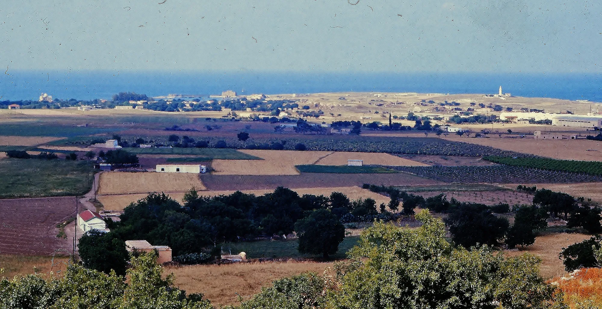 A wide view from high ground over fields and scattered trees to a flat headland and the sea
