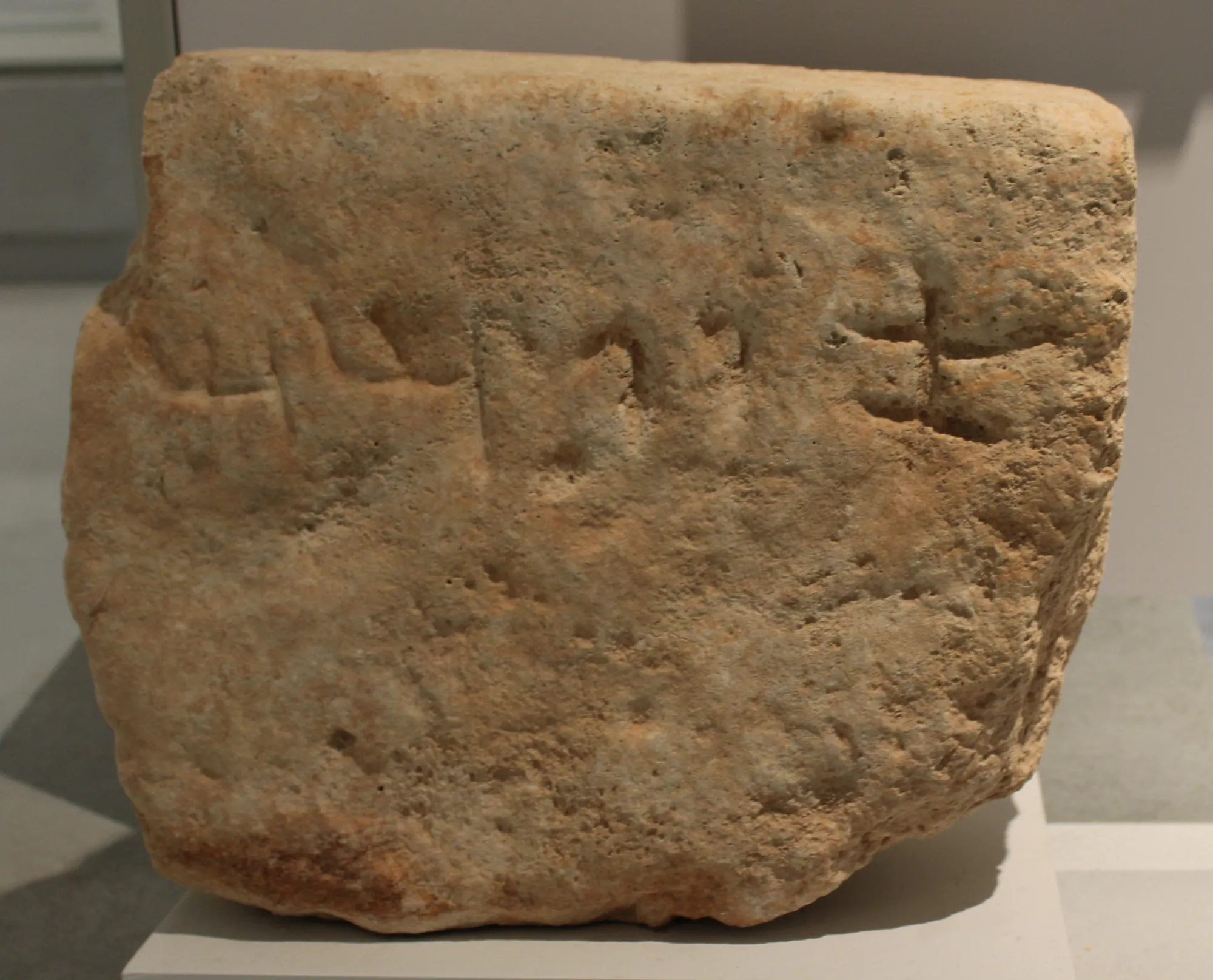 A rough rectangular limestone block with a line of incised syllabic signs across its upper half