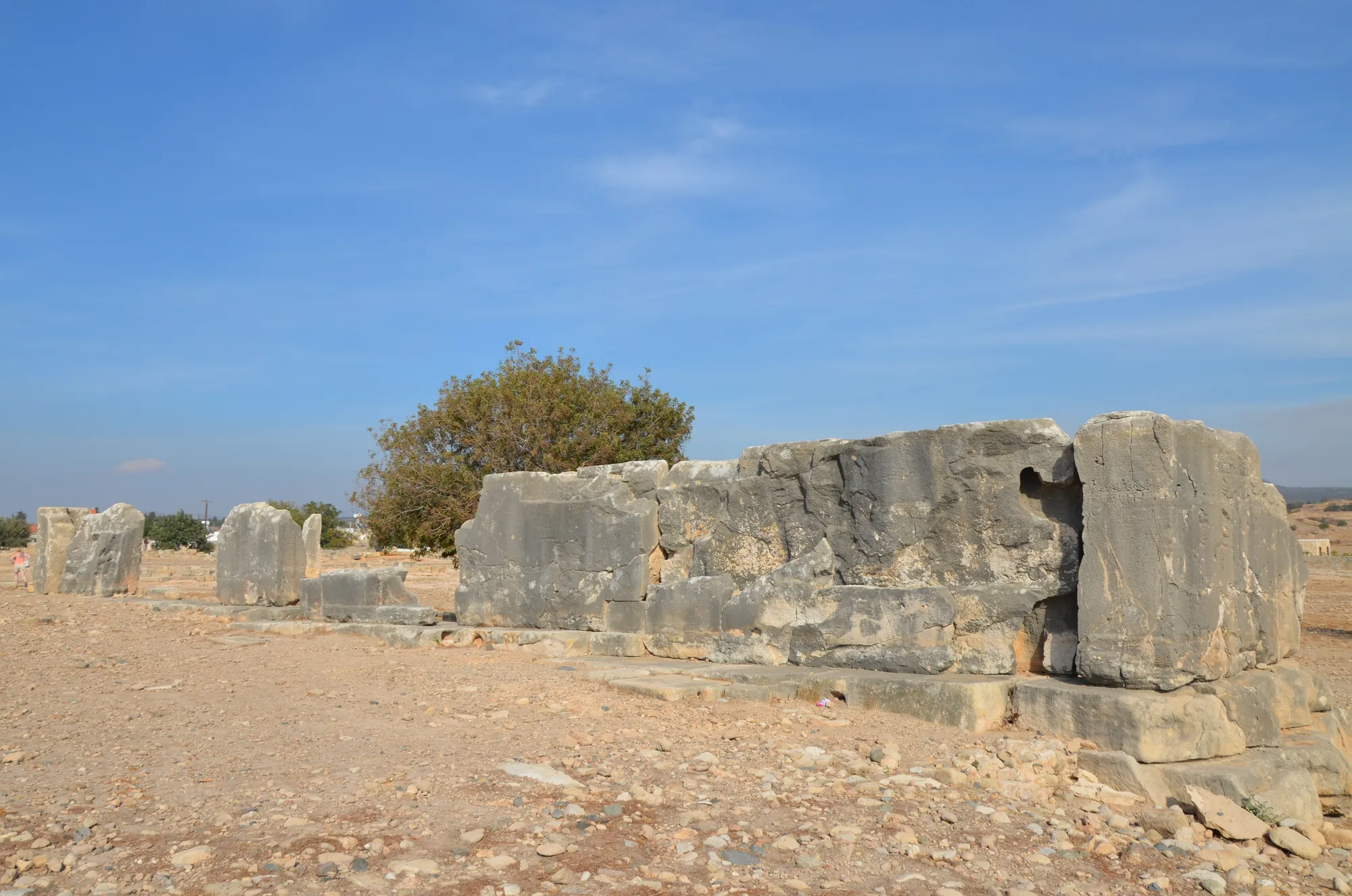 Squared limestone blocks of the Bronze Age temenos wall at Palaepaphos, with a bush behind