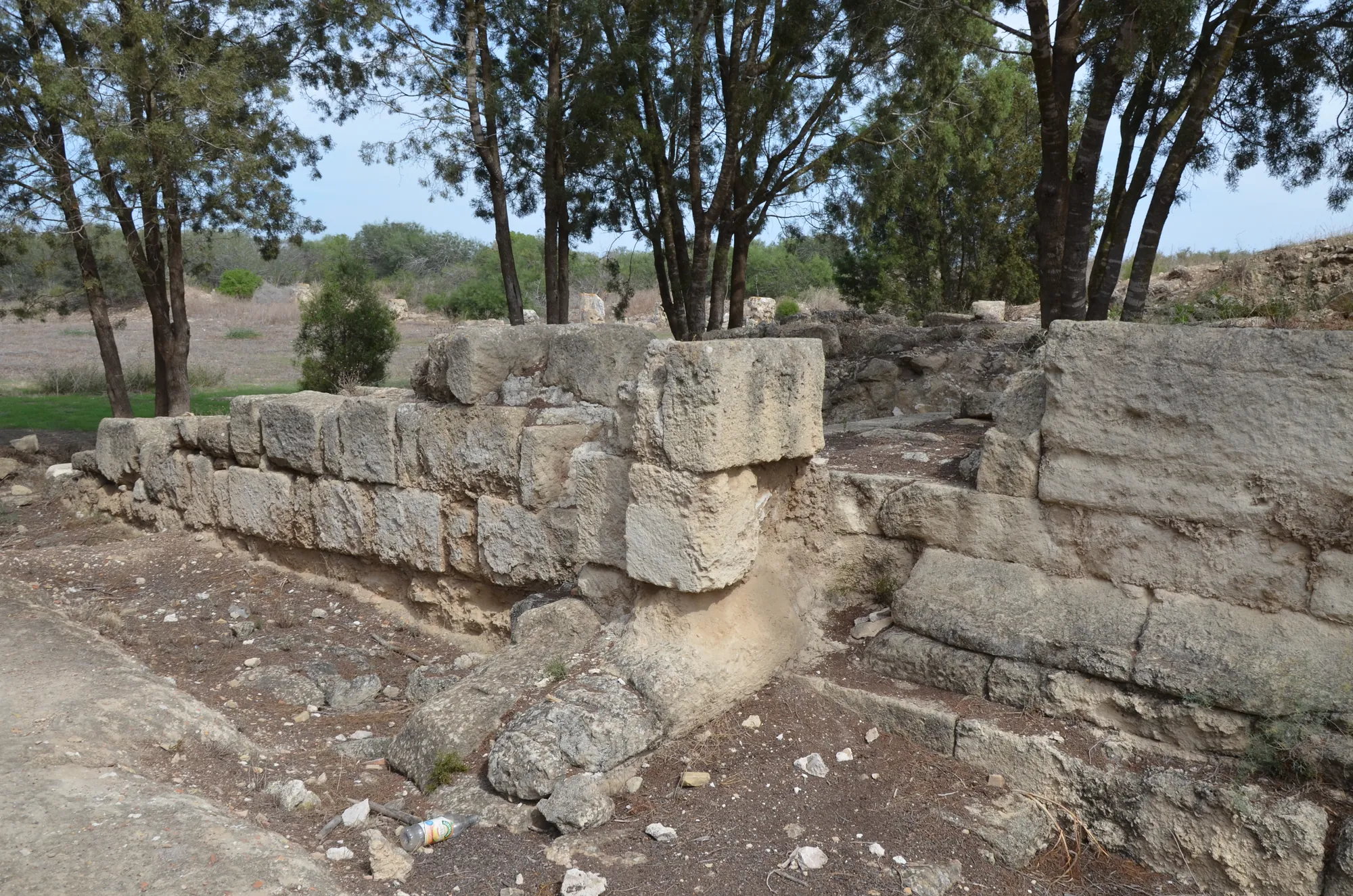 Squared limestone blocks of a ruined temple terrace among trees