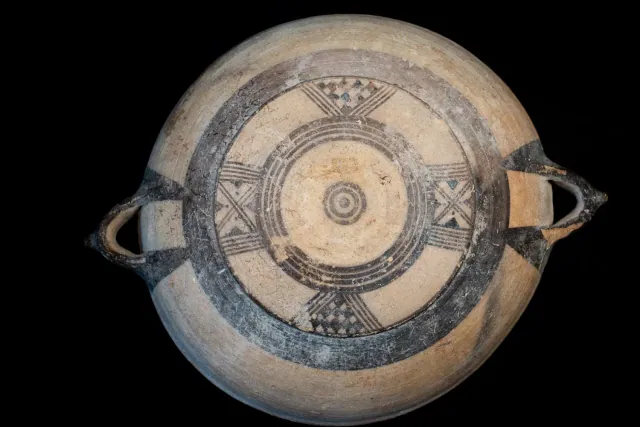 Large White Painted Plate with Knobbed Handles and a Four-Armed Cross on the Underside