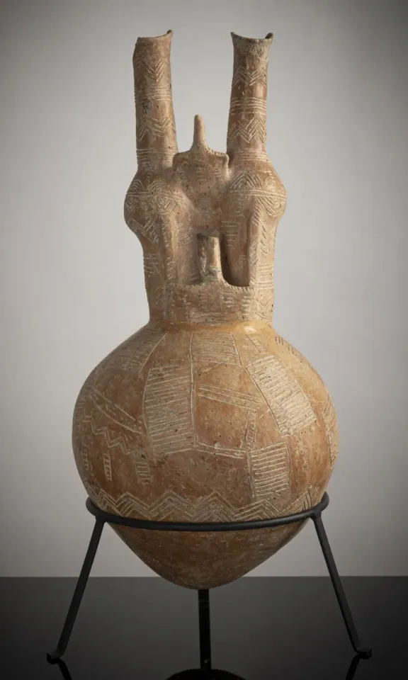 Red Polished Double-Necked Jug with Two Modelled Birds